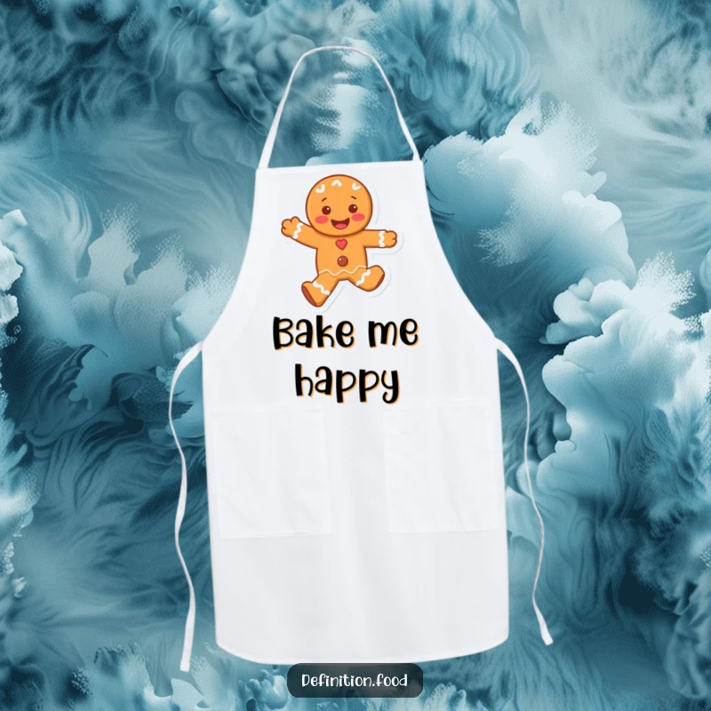 Funny apron adorned with a joyful, skipping gingerbread man character, perfect for bakers who love adding a touch of holiday fun.