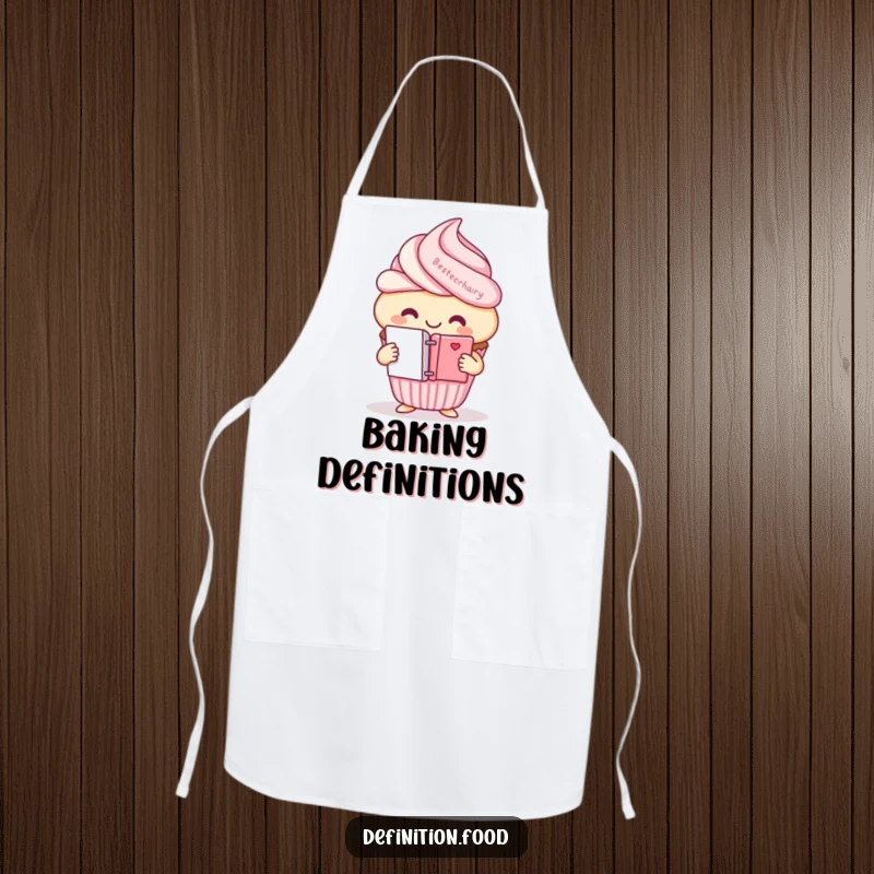 Funny smiling cupcake character apron, holding a mini dictionary, for kitchen literary fun.