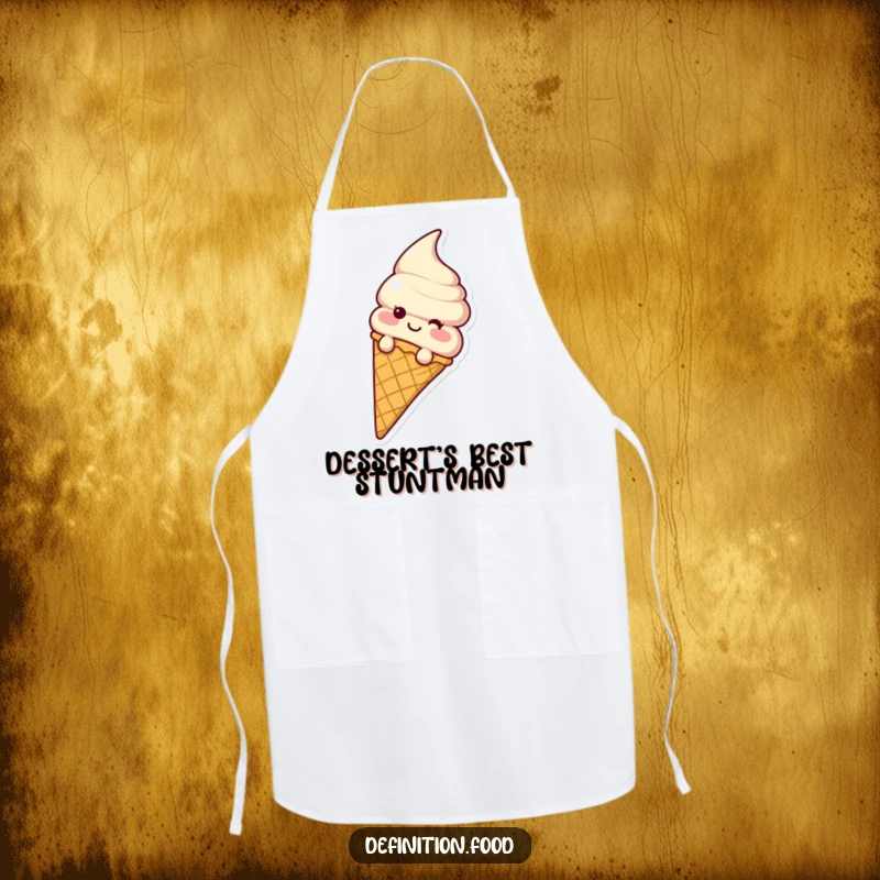 Funny ice cream cone character sliding down a waffle cone, ready to help cook with this humorous kitchen apron.