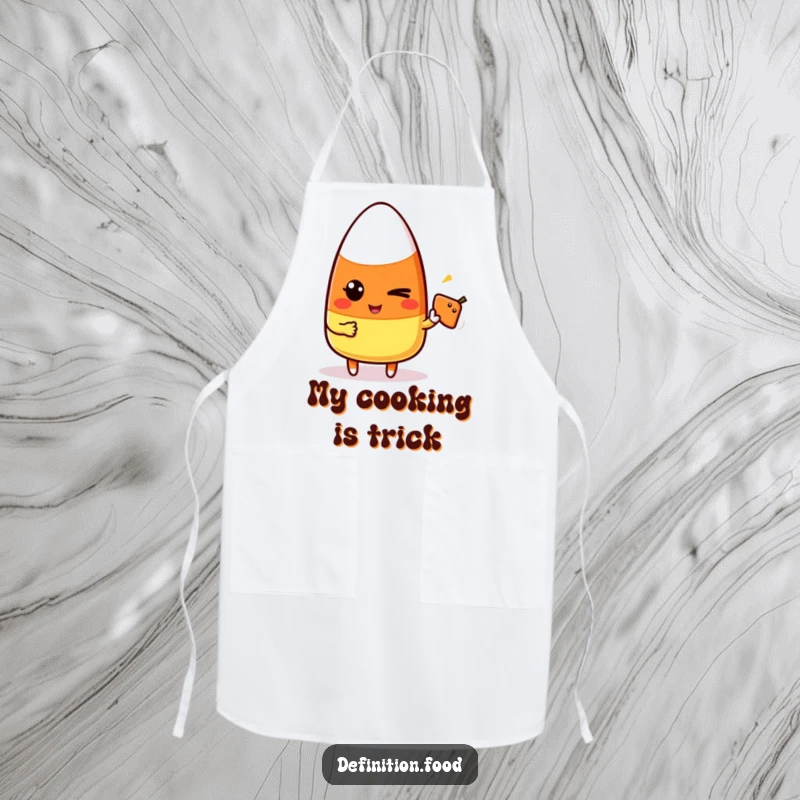 Funny candy corn character winking and pointing at a simple food icon on a playful kitchen apron.