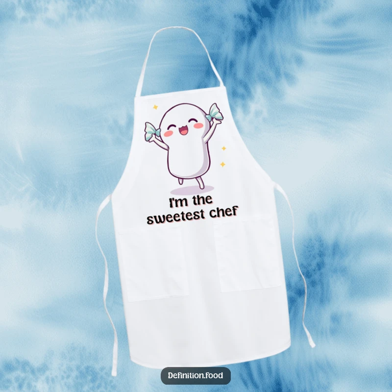 Funny dancing candy apron with a shimmering wrapper, showing an excited candy ready to cook up a treat.