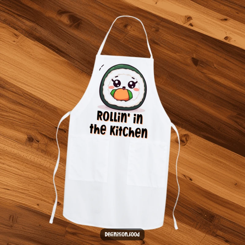 Funny cute sushi roll apron showing a wide-eyed sushi roll spinning with excitement while preparing food.
