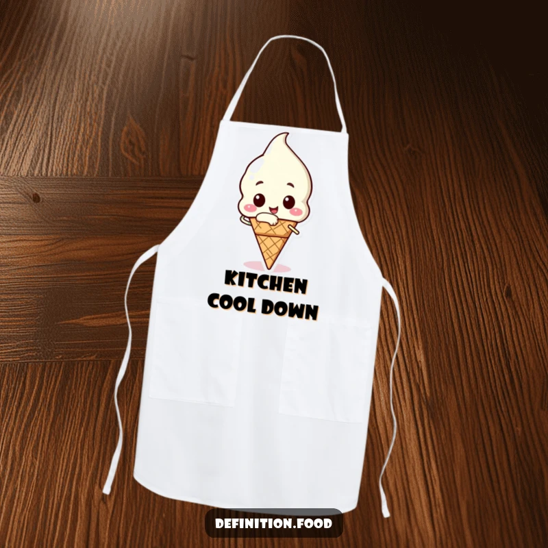 Funny ice cream apron with a happy ice cream cone character taking a triumphant bite, ready for kitchen fun.