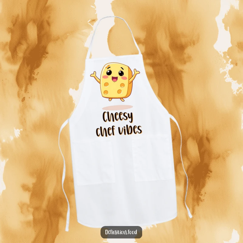 Funny animated cheese apron with a wide smile, joyfully leaping while preparing delicious meals.