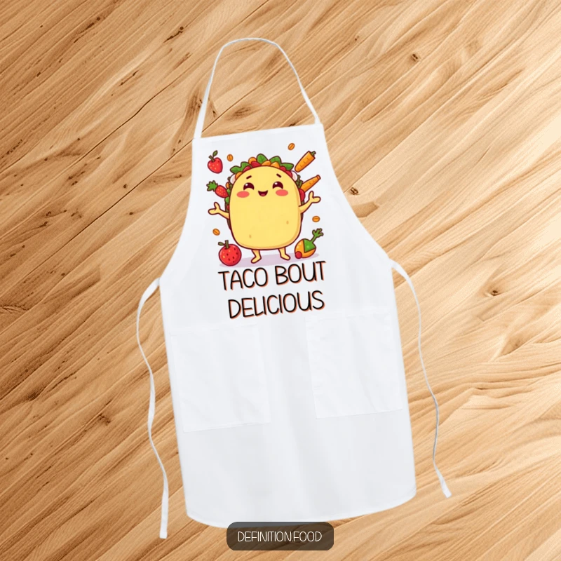 Funny apron featuring a grinning juggling taco character, adding humorous flair to kitchen activities.