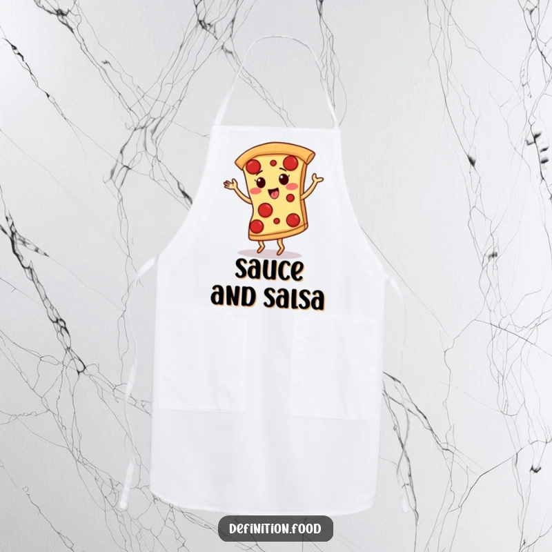 Funny apron showing a giggling pizza slice with pepperoni dancing the tango, ready for kitchen adventures and culinary fun.