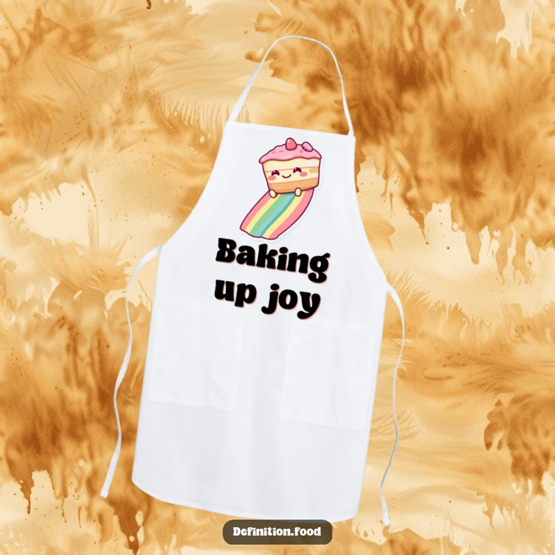 Funny Apron portraying a grinning cake sliding down a rainbow, a delightful and humorous accessory for kitchen creativity.