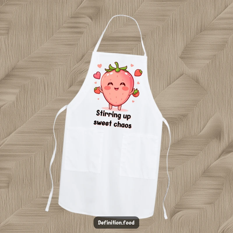 Funny blushing strawberry character juggling tiny food icons on a practical kitchen apron, perfect for cooking with a smile.