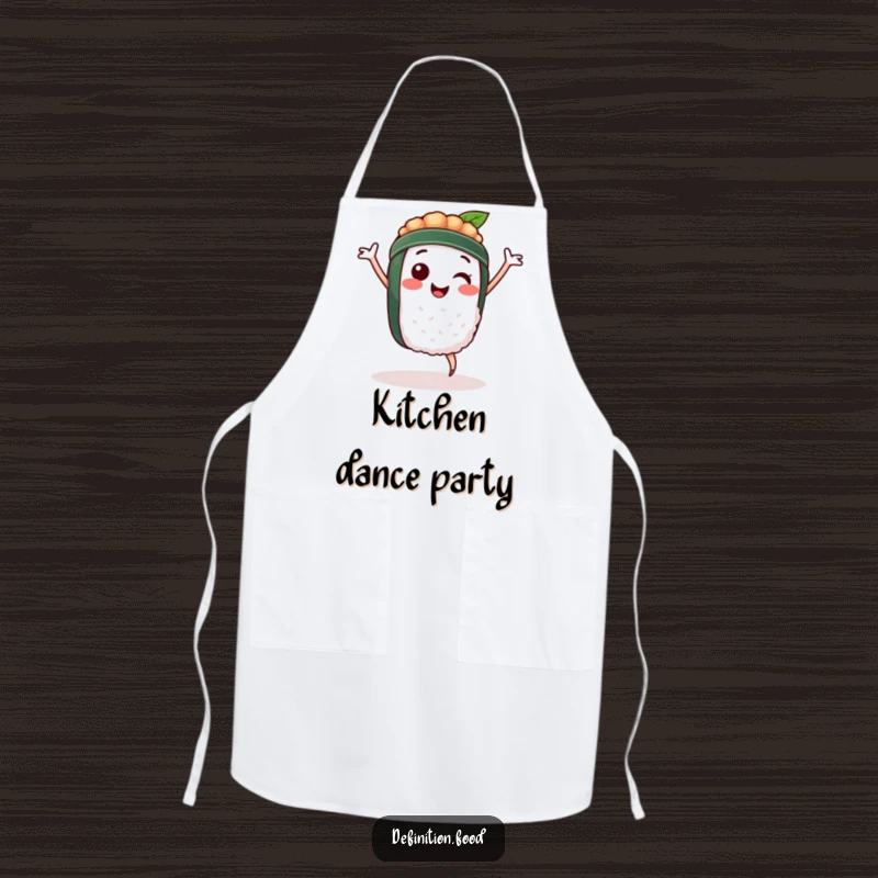 Funny apron showcasing a smiling sushi character in a joyful dance, ready to add some fun to any cooking or baking session.