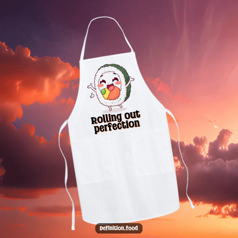 Funny sushi apron with a delighted sushi roll character performing a happy pirouette, perfect for culinary creations.