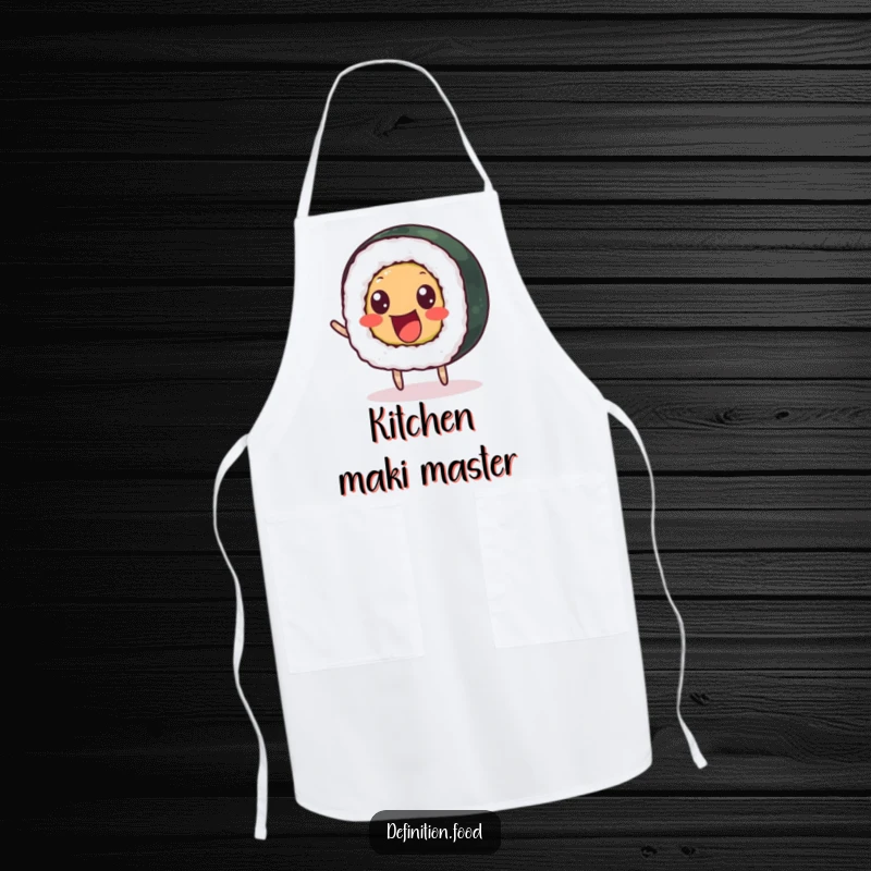 Funny apron featuring a delighted sushi roll with beady eyes bouncing happily, perfect for the kitchen.