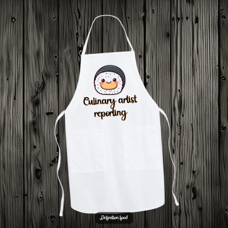 Funny sushi roll apron, a cheerful sushi character artfully presenting a tiny abstract food shape, humorous kitchen wear.