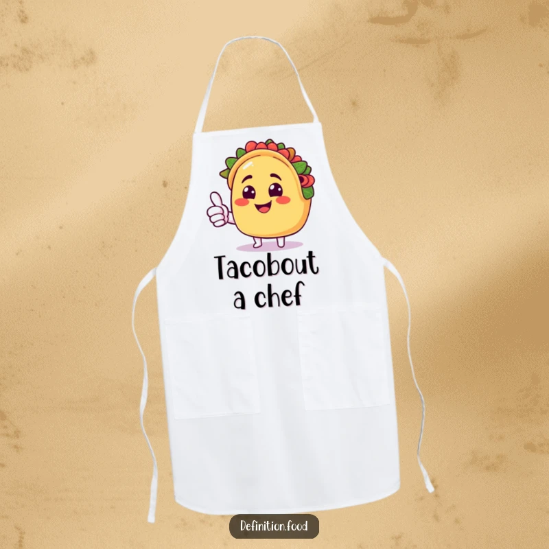 Funny taco apron with a smiling taco character giving a cheerful thumbs up, ready for kitchen adventures and humor.