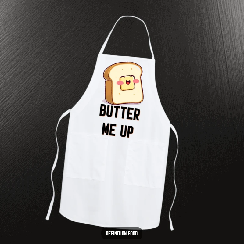 Funny Apron showcasing a slice of toast with butter wiggling with glee, a humorous and practical kitchen accessory.