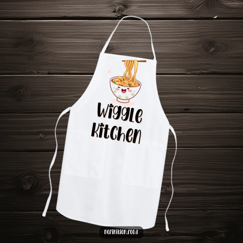 Funny ramen apron, a playful bowl of noodles wiggling, perfect for cooking, a unique and funny gift.