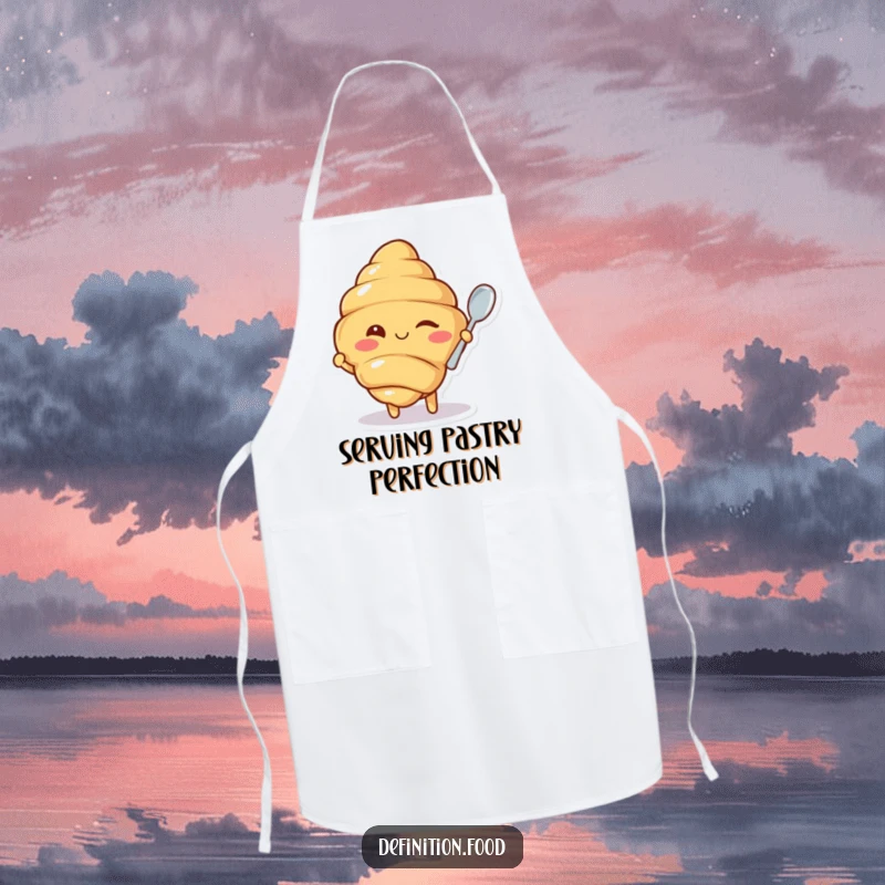 Funny apron adorned with a winking croissant character offering a tiny spoon, perfect for bakers and cooks who love a humorous touch.