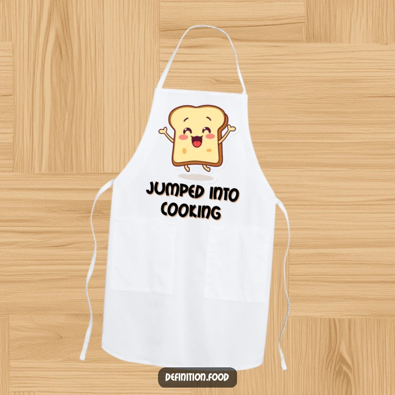 Funny surprised toast apron showing a happy, buttered toast slice performing a joyful leap while cooking.