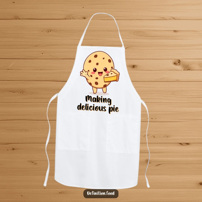 Funny cookie character offering a slice of pie on a chef’s apron, perfect for joyful and generous kitchen creations.