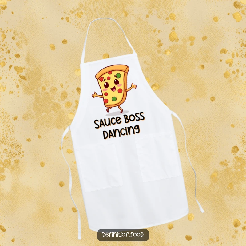 Funny pizza apron with a playful slice of pizza character doing a little jig, ready for kitchen fun.