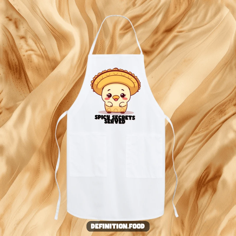 Funny mischievous burrito character peeking out from under a sombrero, ready to assist in the kitchen with this humorous apron.