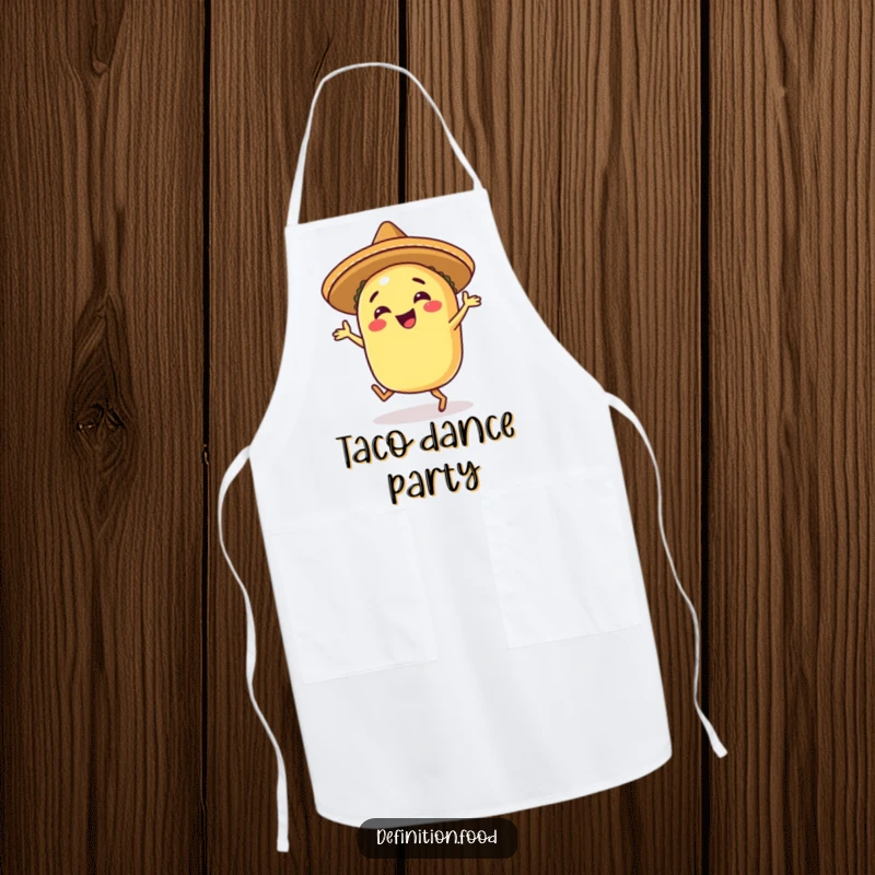 Funny happy taco apron with a sombrero, mid-salsa dance, bringing festive energy to the kitchen.
