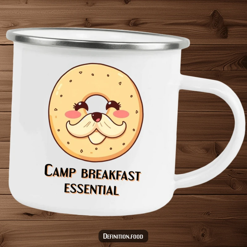 Funny camping mug with a smiling bagel character proudly displaying a cream cheese mustache, built for breakfast adventures and witty sips.