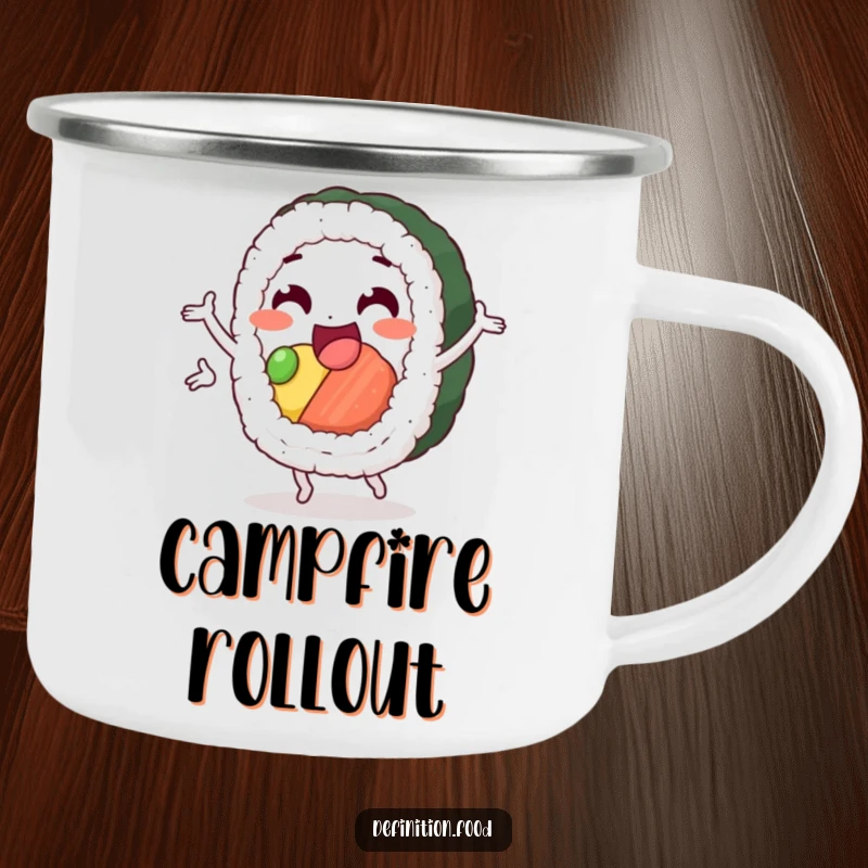 Funny sushi camping mug featuring a delighted sushi roll character performing a happy pirouette, perfect for outdoor trips.
