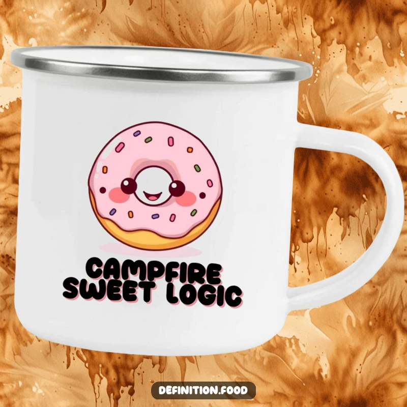 Funny donut diagram camping mug, a happy donut character explaining a food diagram, for outdoor education.