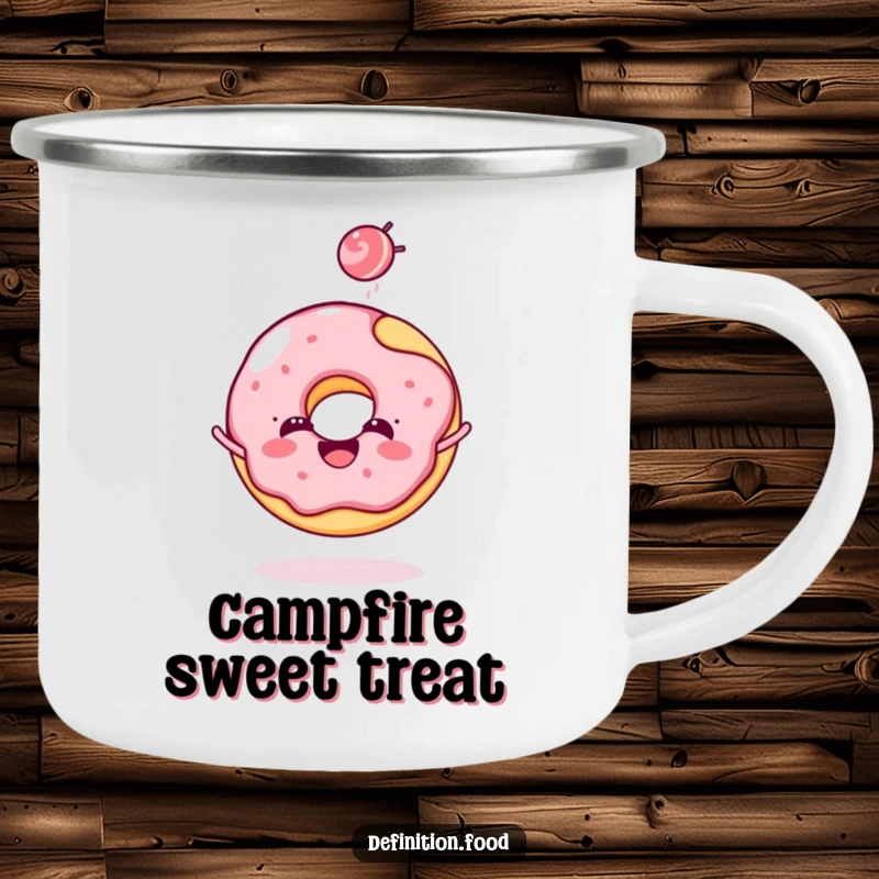Funny donut camping mug featuring a cheerful donut character joyfully tossing a tiny candy, ideal for outdoor use.