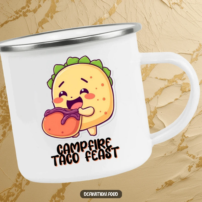 Funny camping mug depicting a cheerful taco character taking a massive bite out of another taco, perfect for campfire drinks.