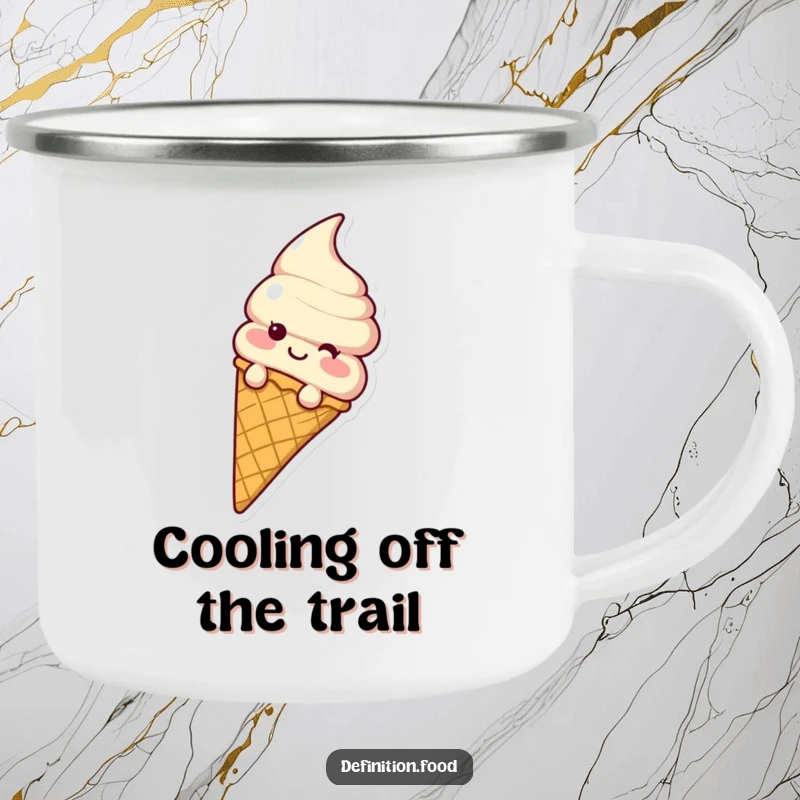 Funny ice cream cone character sliding down a waffle cone on a durable enamel camping mug for outdoor fun.