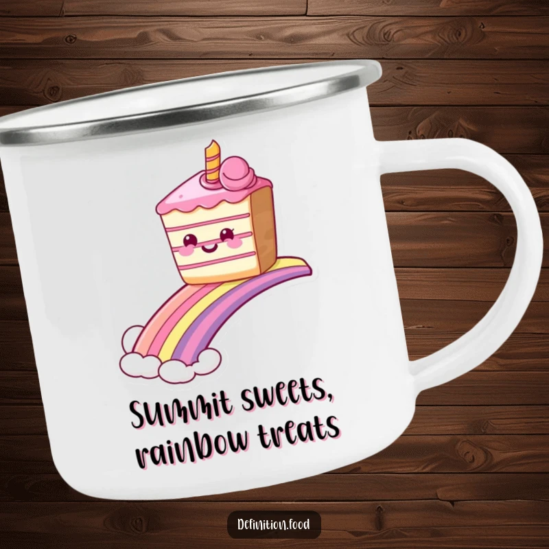 Durable funny grinning cake camping mug sliding down a rainbow, perfect for outdoor sweetness and humor. Great funny gift.