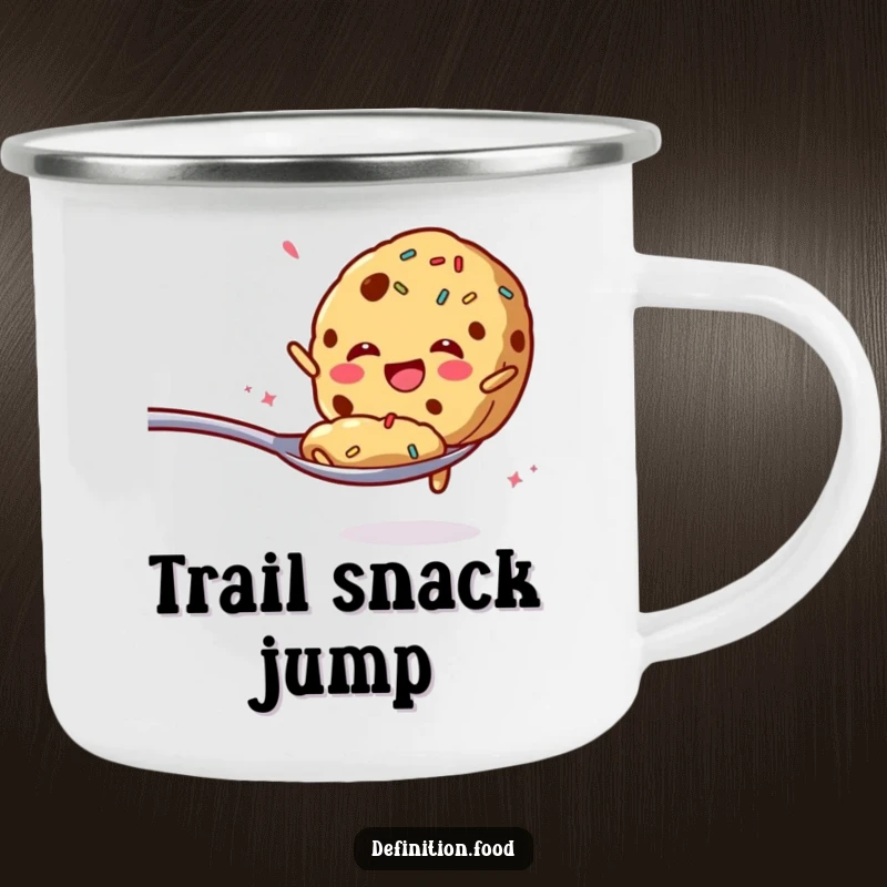 Funny camping mug with a cookie and sprinkles enthusiastically jumping from a spoon, for outdoor trips.