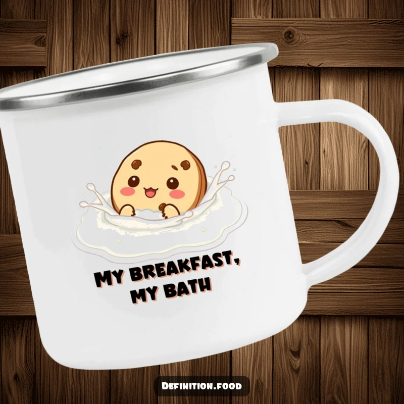 Funny cookie character pretending to swim in milk on a durable enamel camping mug for humorous outdoor enjoyment.