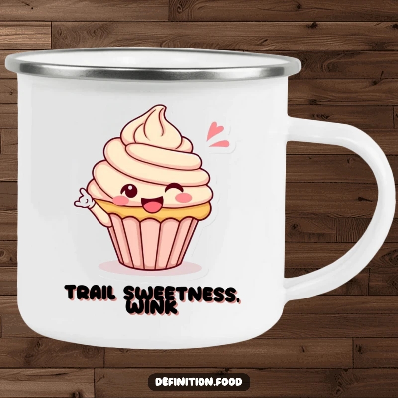Funny camping mug featuring a happy cupcake character winking, perfect for outdoor coffee and a touch of humor, a funny gift.