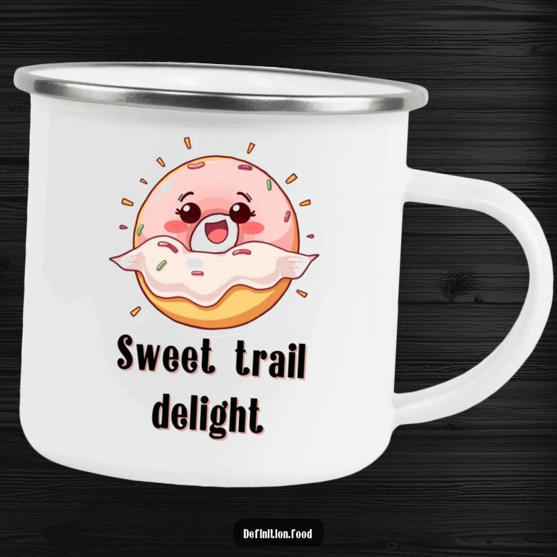 Funny happy donut character bursting from its wrapper on a camping mug, perfect for enjoying drinks outdoors with a cheerful vibe.