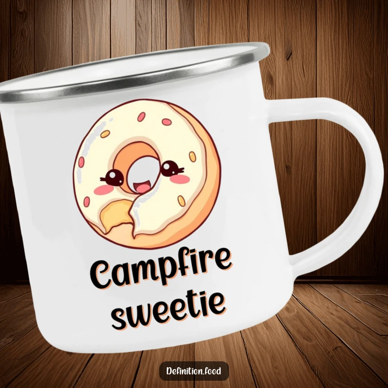 Funny camping mug with a happy donut with a bite taken out, winking at the viewer, for outdoor trips.