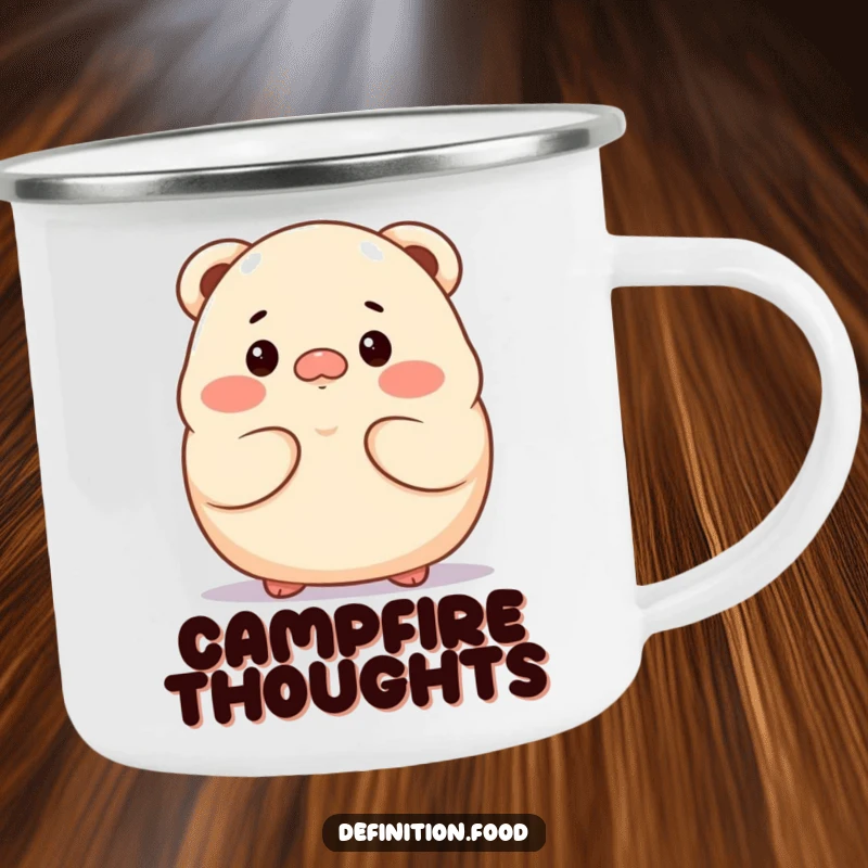 Funny proud dumpling character camping mug, looking thoughtful, for outdoor reflection.