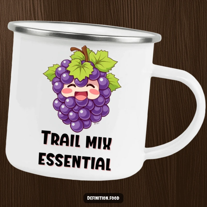 Funny Camping Mug featuring a giggling bunch of grapes bursting with joy, perfect for outdoor beverages with fruity fun.