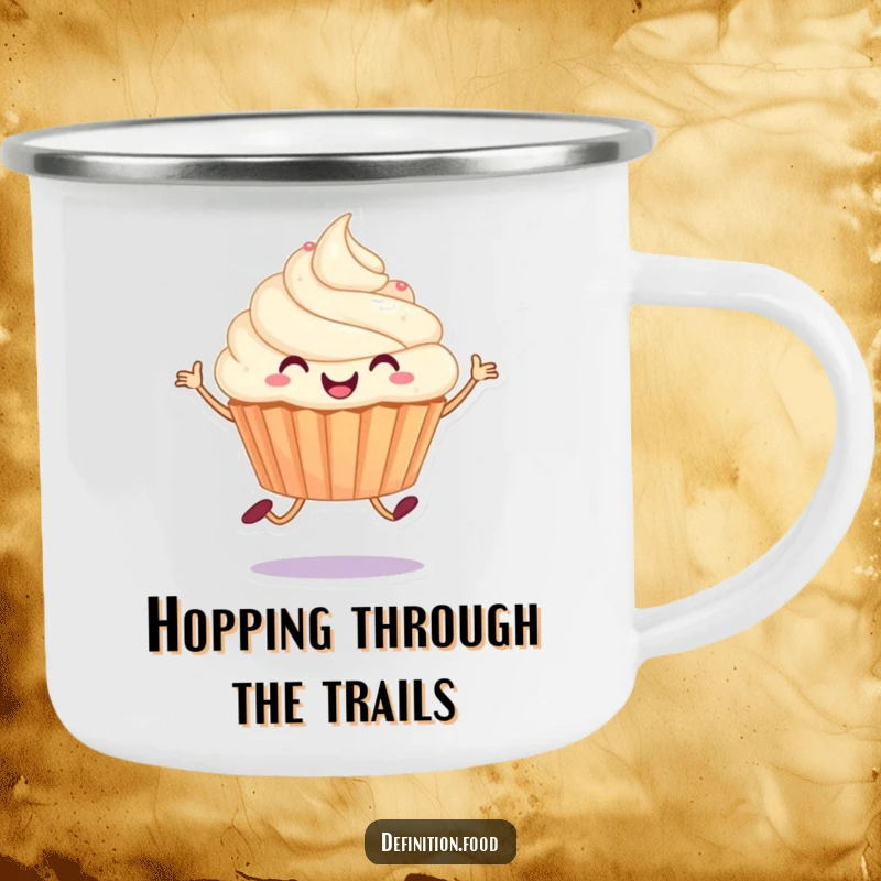 Funny camping mug featuring a joyful cupcake character in a happy hop, perfect for enjoying beverages outdoors with a smile.