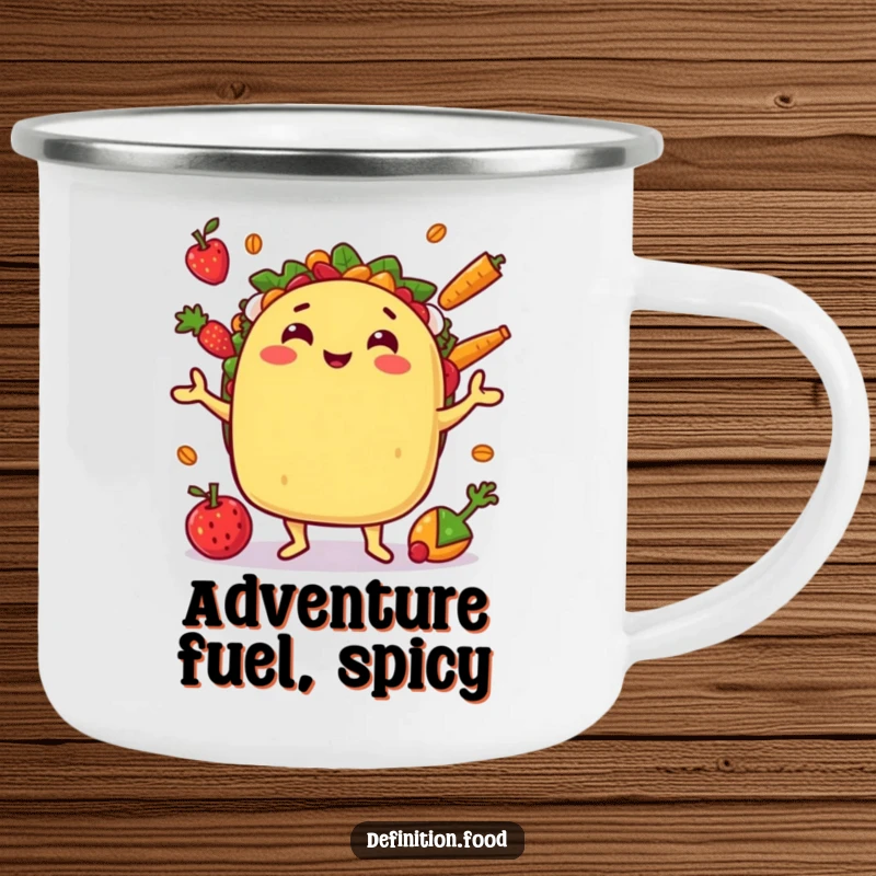 Funny enamel camping mug with a juggling taco character, perfect for outdoor adventures and humorous enjoyment.