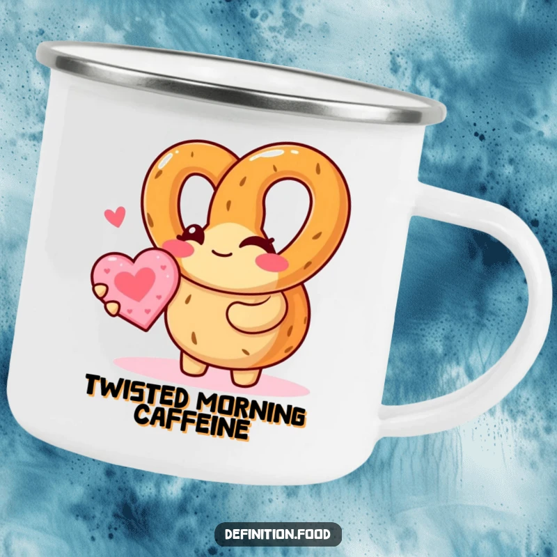 Funny pretzel character winks, offering a heart cookie on a durable camping mug, ideal for outdoor enthusiasts with a sense of humor.