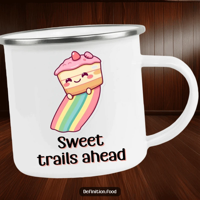 Funny Camping Mug featuring a grinning cake sliding down a rainbow, ideal for outdoor drinks with a humorous, cheerful twist.