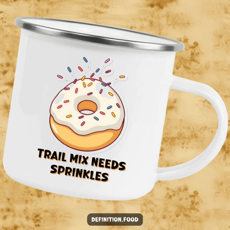 Funny camping mug depicting a doughnut character in the midst of a joyful sprinkle explosion, perfect for coffee by the campfire.