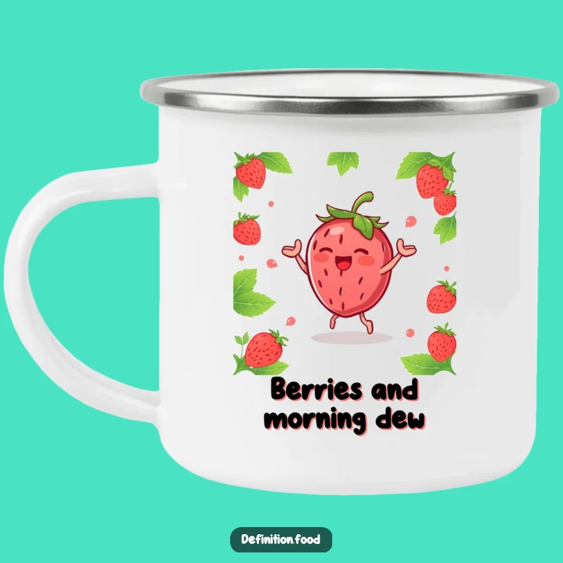 Funny Strawberry Dance Enamel Camping Mug - Happy Berry Outdoor Humor