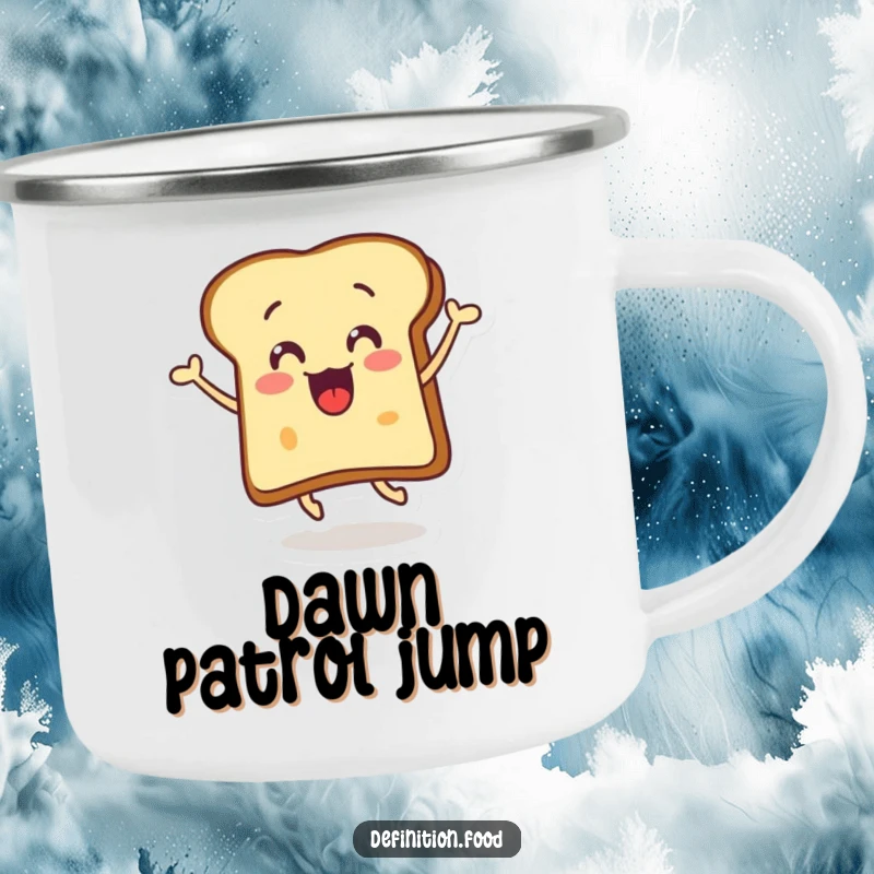 Funny surprised toast camping mug featuring a happy, buttered toast slice leaping into an outdoor adventure.