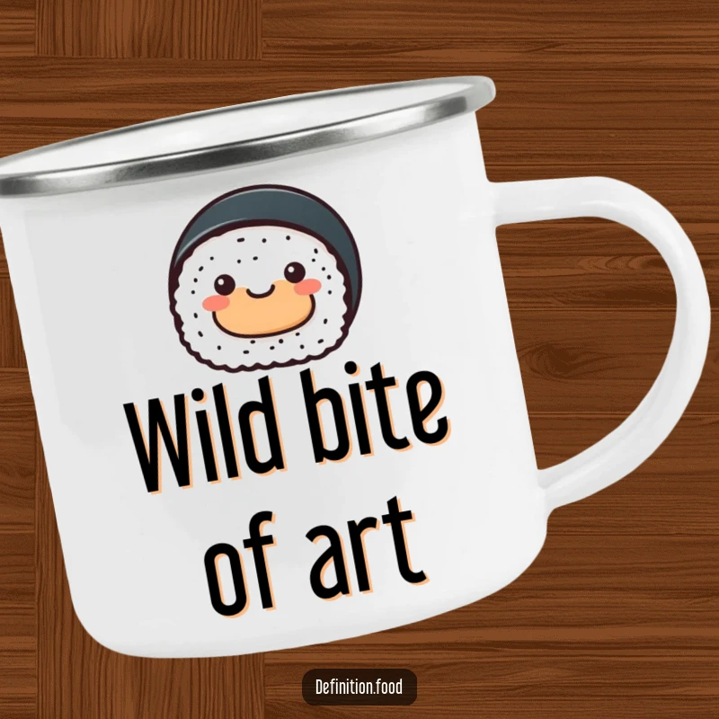 Funny sushi roll camping mug, a cheerful sushi character presenting abstract food art, for outdoor lovers.
