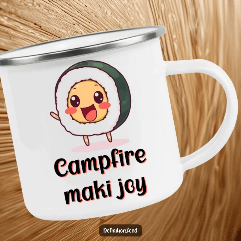 Funny camping mug with a delighted sushi roll and beady eyes bouncing happily, ideal for outdoors.