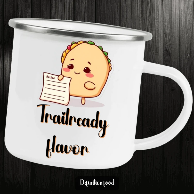 Funny taco chef camping mug, a smiling taco character studying a recipe, great for outdoor enthusiasts.