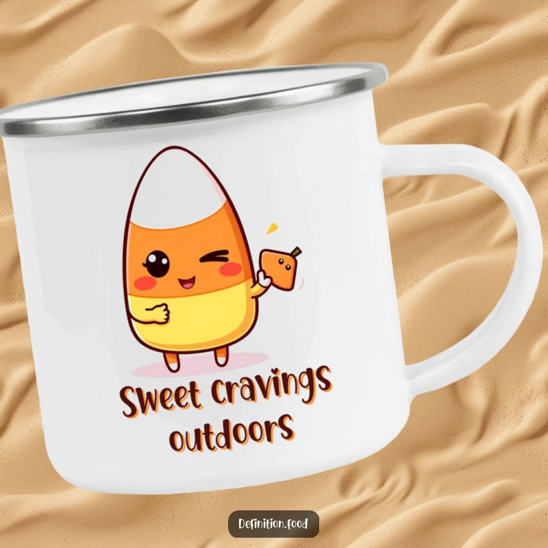 Funny candy corn character winking and pointing at a food icon on a rugged camping mug for playful outdoor enjoyment.